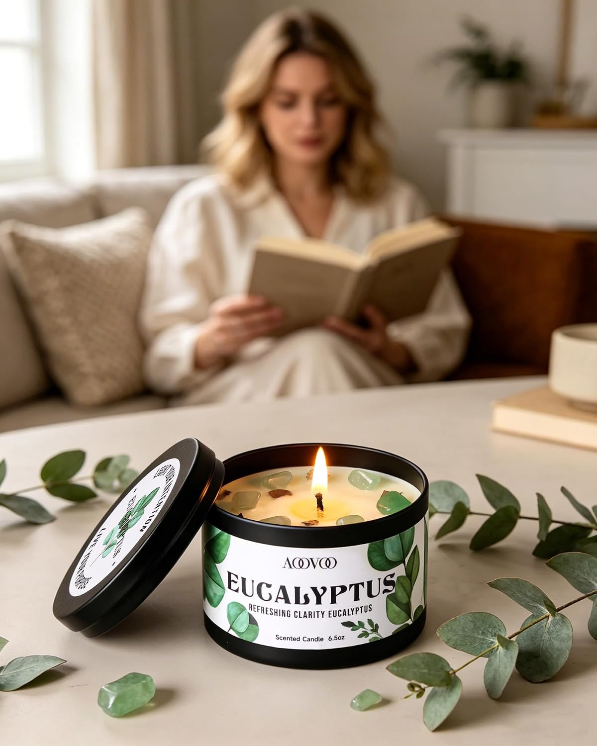 AOOVOO Sage Candle for Cleansing - 3 Wick 12oz Large Scented Candle with Crystals & Sage Leaves Inside, Soy Candles Non Toxic for Meditation Spiritual Gift, Aromatherapy Candle for Women Men
