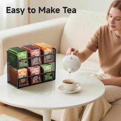 2 Tier Tea Bag Organizer, Mesh Tea Bag Holder with Handle, Teabag Holder, Tea Station Organizer for Countertop, Pantry, Kitchen, Cabinet -Black
