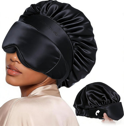 LC-dolida Satin Silk Bonnet for Sleeping Women Men, 2-in-1 Adjustable Hair Bonnet for Curly & Natural with Sleep Mask, Reduce Frizz, Lock in Moisture, Prevent Breakage and Tangles(Black)