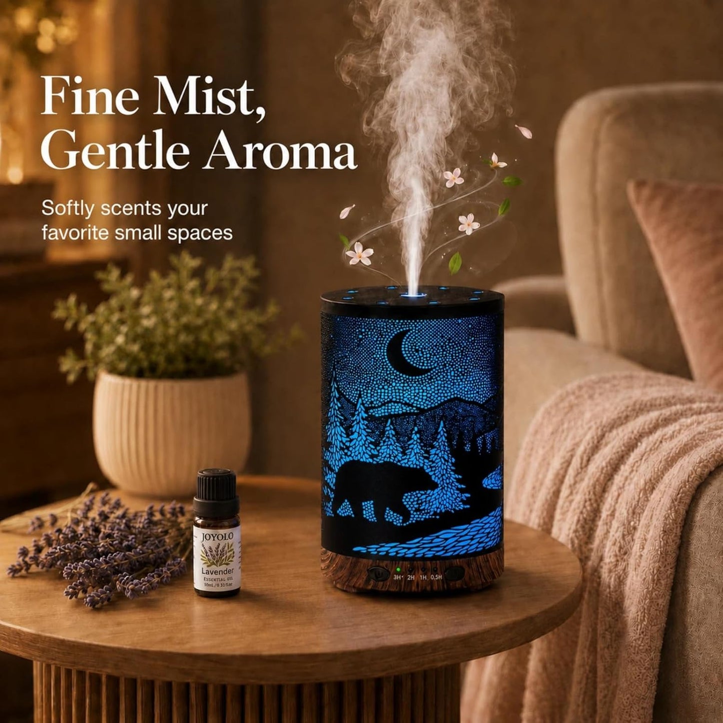 Essential Oil Diffuser 120ML Metal Aromatherapy Diffuser with Timer, Cool Mist Humidifier with Auto Shut-Off & 7 Color Lights for Home Office Spa (Tree)