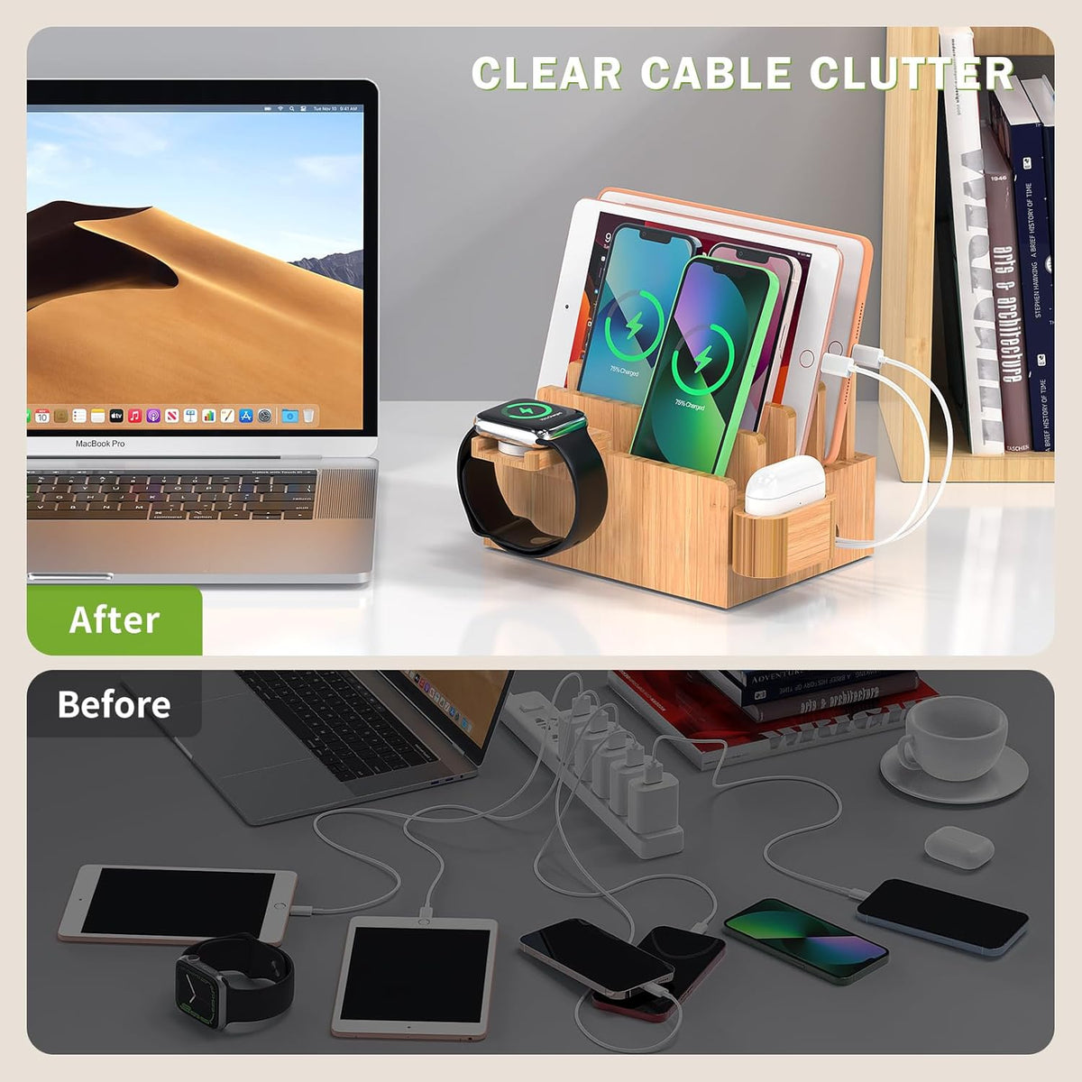 Pezin & Hulin Bamboo Charging Station for Phone, Watch&Earbud with 5 Cables