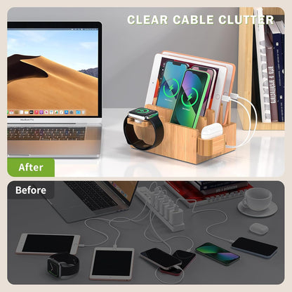 Pezin & Hulin Bamboo Charging Station for Phone, Watch&Earbud with 5 Cables