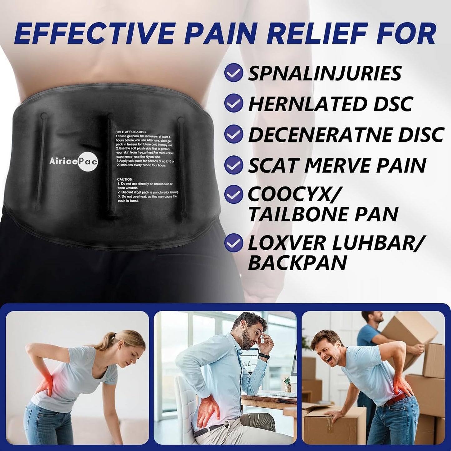AiricePac 16 × 9" Large Ice Pack for Injuries Reusable Gel for Lower Back, Shoulder, Knee, Elbow, Hip, Leg, Soft Flexible Cold Compress for Pain Relief