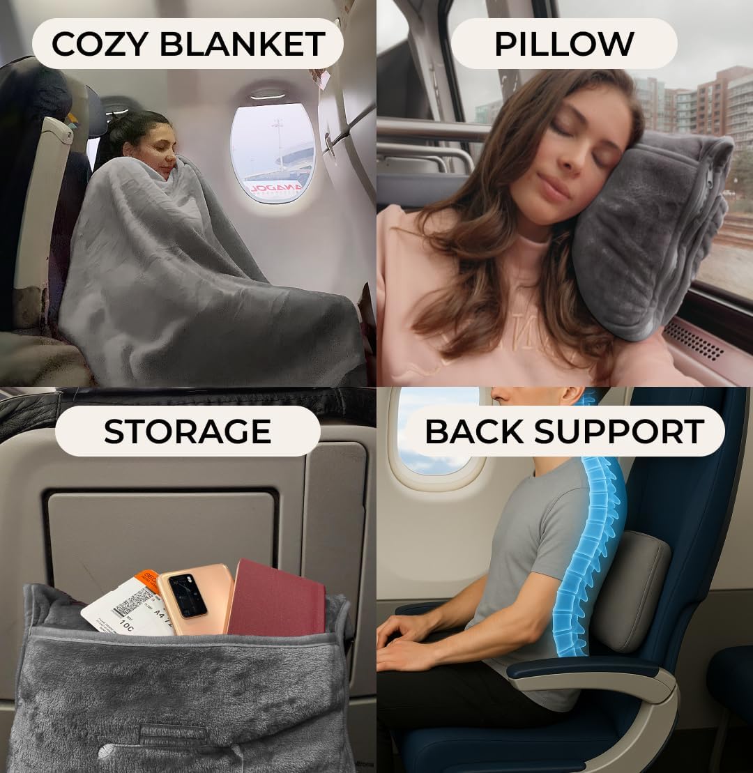 FlyHugz Grey Travel Blanket & Pillow Set (59.1"x47.2") with Carry Case