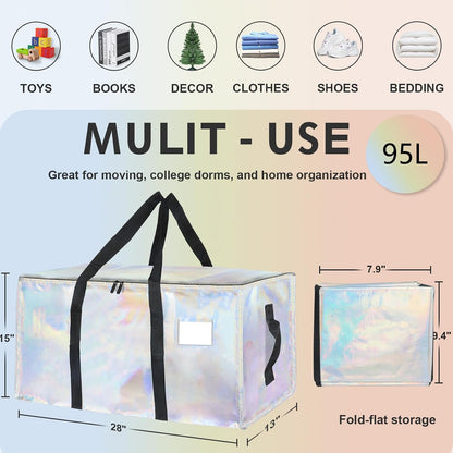 Moving Bags Extra Large - Heavy Duty Storage Totes with Wrap-Around Handles & Reinforced Zippers - Foldable Moving Box Alternative, Water-Resistant for Dorm, Closet & Under Bed Storage (Clear)