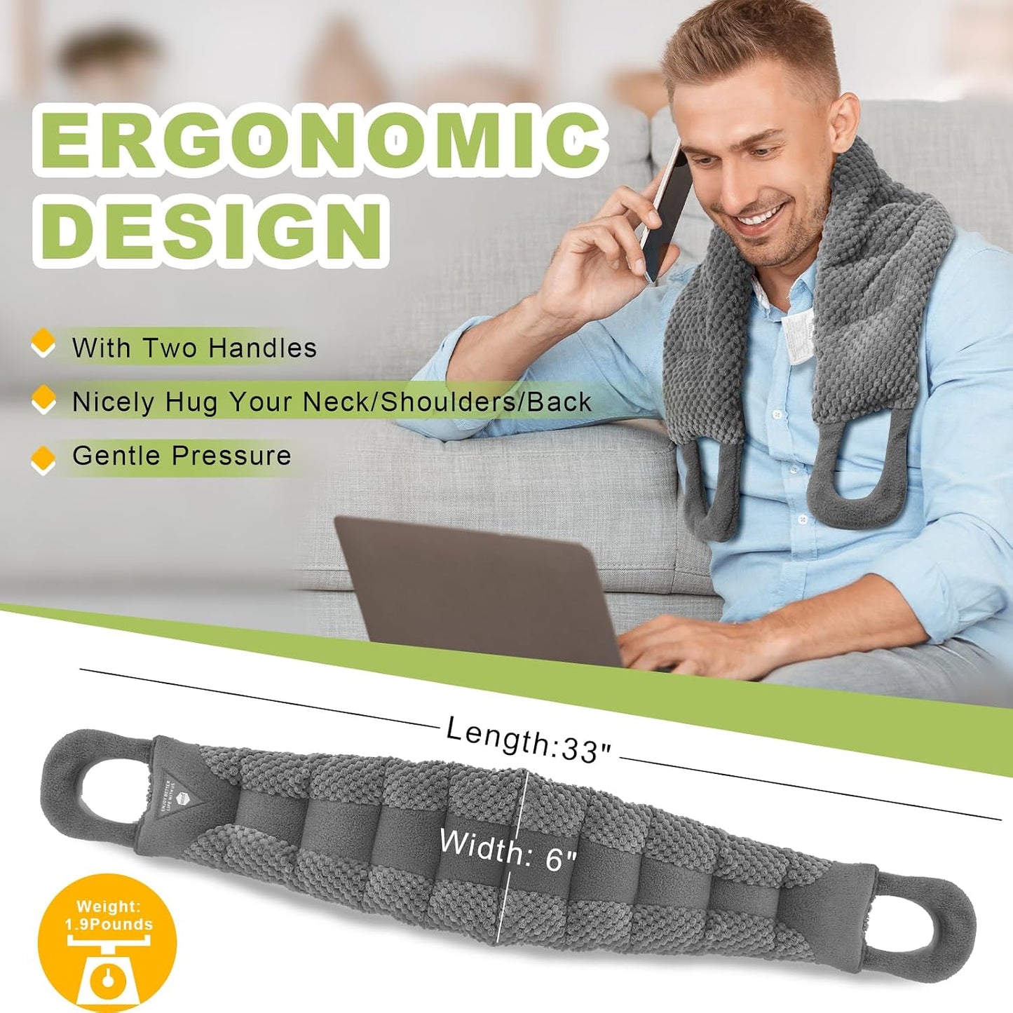 UNCN Long Wide Heating Pad for Neck and Shoulders Back 33x5.9 Microwavable Large Moist Heat Pack Warm Hot Compress Neck Wrap Weighted Bag Massage Reusable Herbal Nature Calming Portable 1.95Pounds
