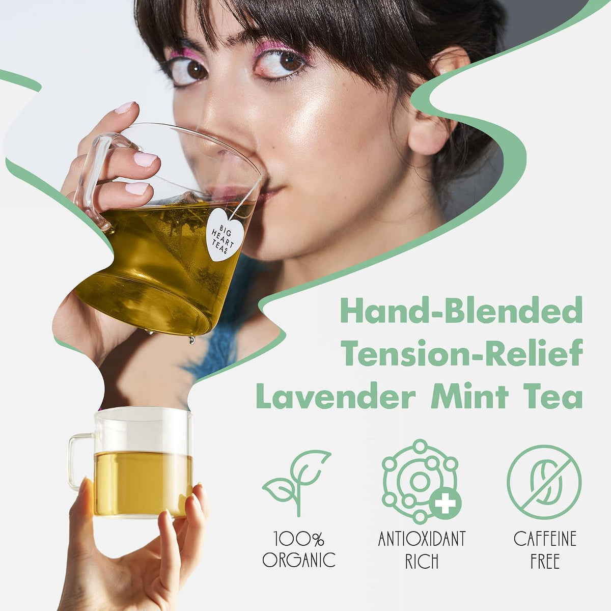 Big Heart Tea Co. Tea Bags - Royal Treatmint Lavender Mint - Certified Organic, Ayurvedic Herbal Decaf Tea in Zero Plastic Sachets - Small Batch Ground Herbs, Adaptogenic Tulsi, Ginkgo Leaf, 50 Pack