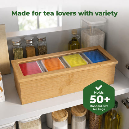 Tea Bag Organizer – Bamboo Tea Box Organizer with Acrylic Lid | Tea Storage Holder | Tea Caddy with 4 Compartments for Drawer, Kitchen Counter & Cabinet (11.8 x 3.5 x 3.5 in)