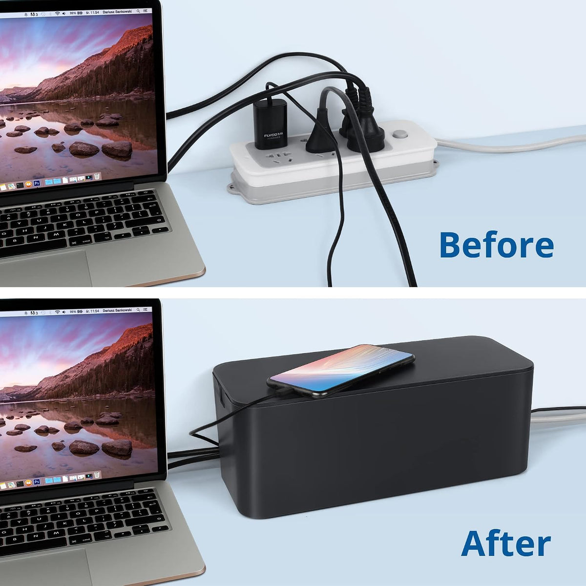 ZhiYo 2 Pack Cable Management Box, Medium & XL, Power Strip Organizer Black