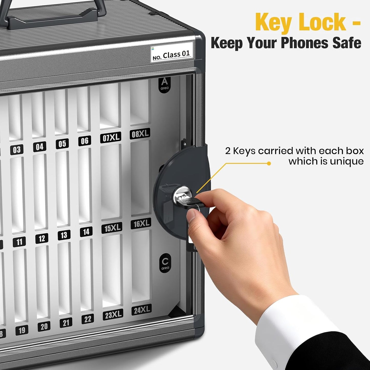 Glosen 24 Slots Cell Phone Locker, Portable Phone Storage Cabinet [Wall Mounted] [Aluminum Alloy] Cellphone Lock Box with Key & Handle for School Classroom Office Exam (Black)