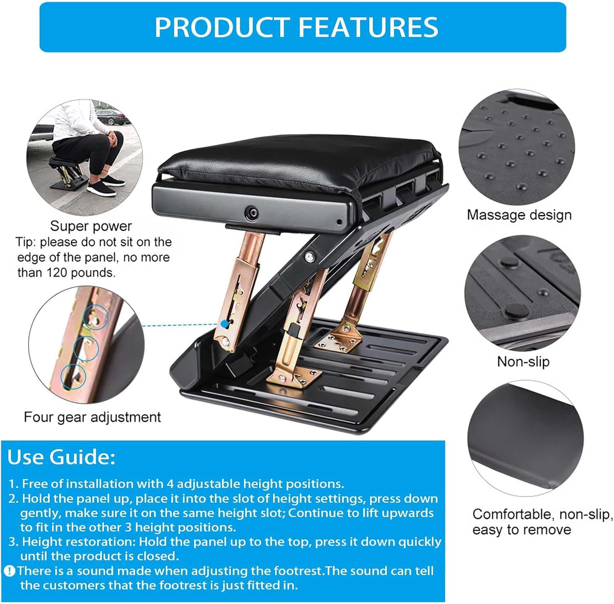 Under Desk Footrest, 4-Level Height Adjustable 12Modes Foldable Footrest
