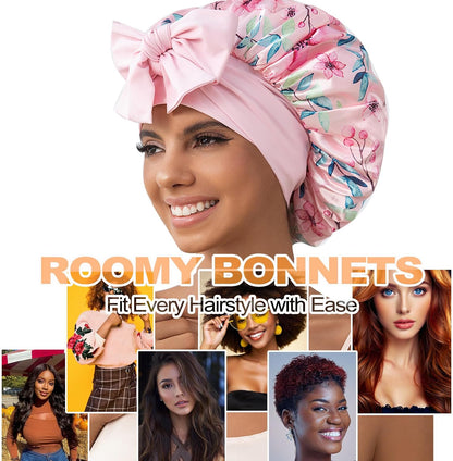 GDTOGRT Satin Silk Bonnet for Sleeping Women - Double Layer Sleep Hair Bonnets Caps for Curly Braid Hair with Tie Band