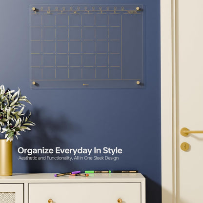 Black Glass Golden Monthly Dry Erase Calendar Whiteboard for Wall, 17" x 23", Frameless Large Planner White Board for Home Kitchen Office, 4 Wet Erase Markers Included, Yeoux