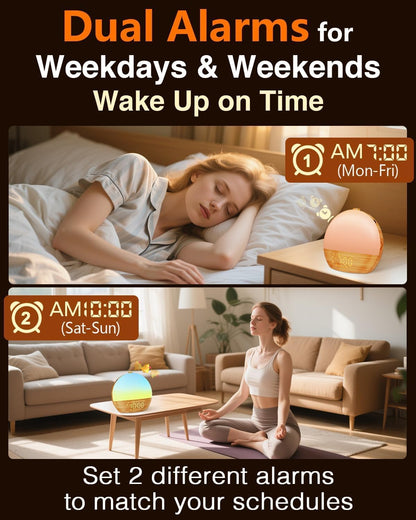 Sunrise Alarm Clock with Sound Machine - Wake Up Light, Wood Grain, Bluetooth, Dual Digital Alarm Clocks for Bedrooms, Adjustable Brightness, 30 Sleep Sounds, White Noise Machine for Baby & Adults