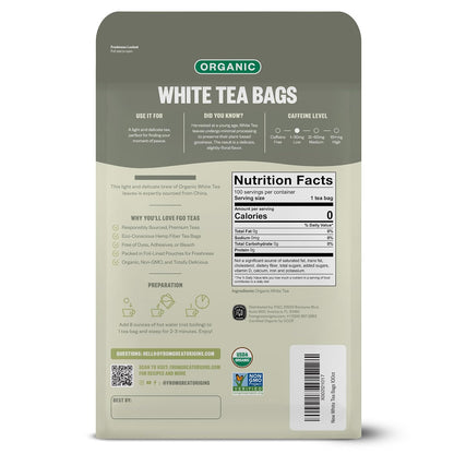 FGO Organic White Tea, 100 Count, Eco-Conscious Tea Bags, Resealable Bag, Packaging May Vary (Pack of 1)