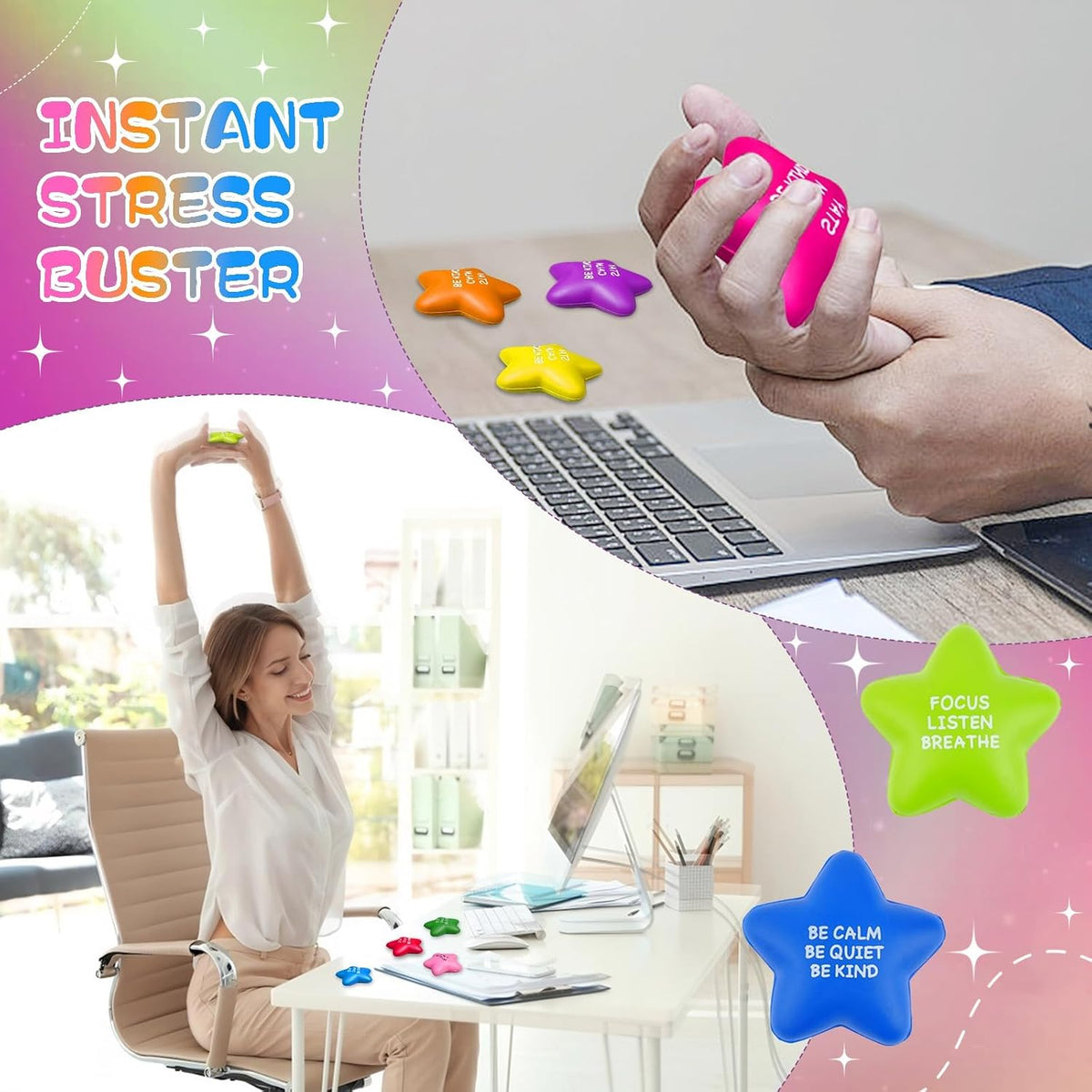 SHQDD 12PCS Bulk Star Stress Balls for Adults & Kids - Motivational Quotes Soft Foam Stress Relief Squeeze Toys, Fidget Anxiety & Anger Relief at Work/School/Home, Perfect Party Favors (Multi-Color)