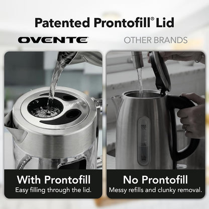 OVENTE Digital Glass Electric Tea Kettle 1.7L with Color-Changing LED Lights Temperature Control, Double-Wall Cool Touch, 4 Presets, Keep Warm, Tea Infuser & Boil-Dry Protection, Silver KGD913S