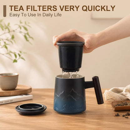 Tea Cup with Infuser and Lid, 14oz Ceramic Loose Leaf Tea Steeper Cup with Wood Handle and Cup Lid, Blue, Black