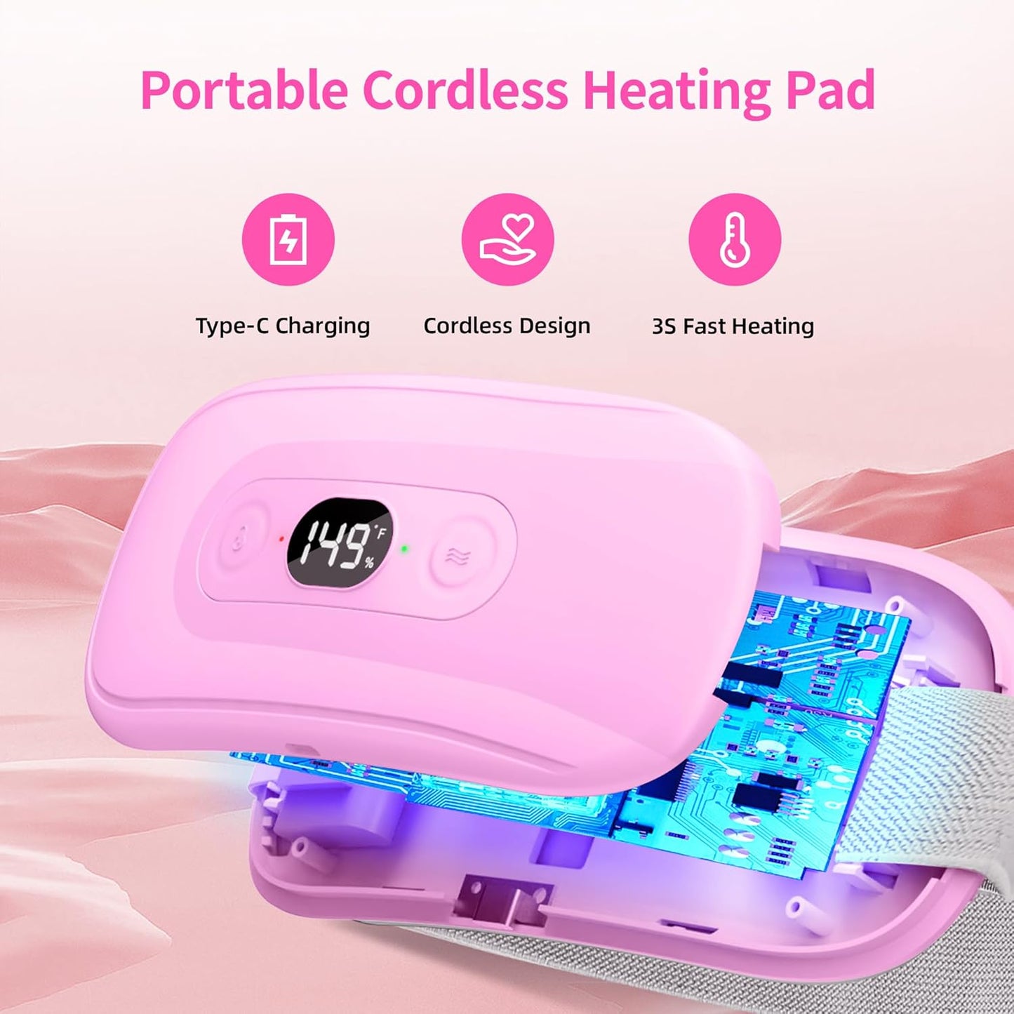 Portable Heating Pad: 2 Timer 6 Heat Levels 6 Vibration Modes Cordless Electric Heating Pad 3s Fast Heating Travel Heating Pad Gifts for Women Christmas Birthday Pink