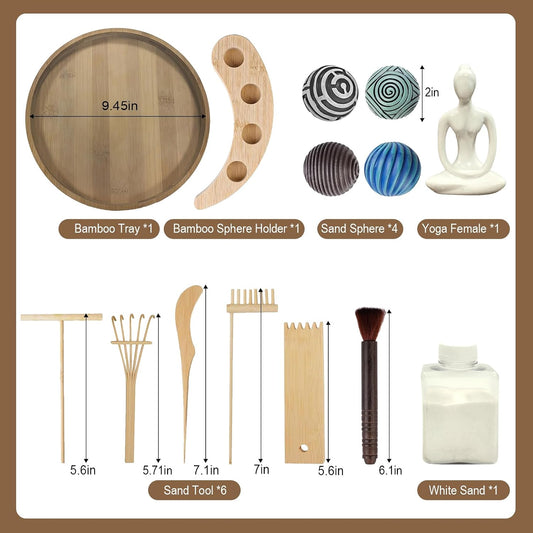 Zen Garden Kit for Desk - Premium Beautiful Japanese Mini Zen Sand Garden Box Gift Set for Home Decor, Office Desk with Large Round Bamboo Tray, White Sands, 4 Sand Spheres & Spheres Holder