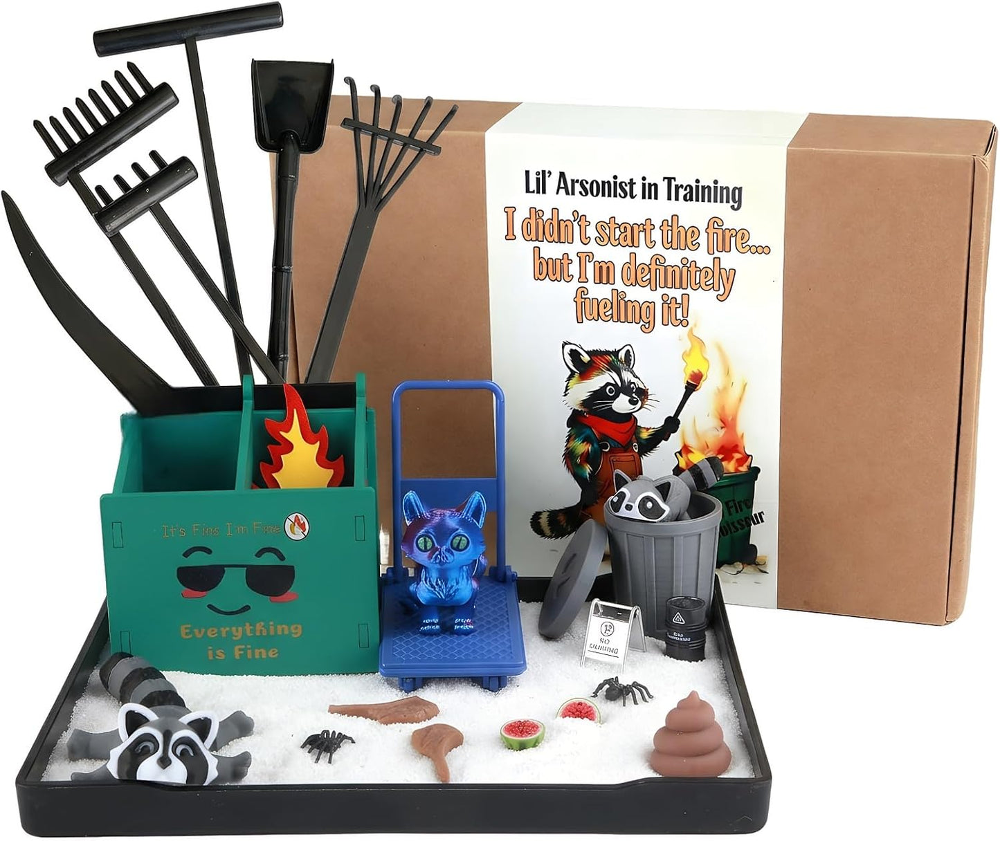 2026 New Dumpster Fire Zen Garden Desktop Kit with Raccoon Figurines - Funny Office Desk Accessory for Stress Relief, White Elephant Gifts, Coworker Gifts - Mini Sand Tray Therapy