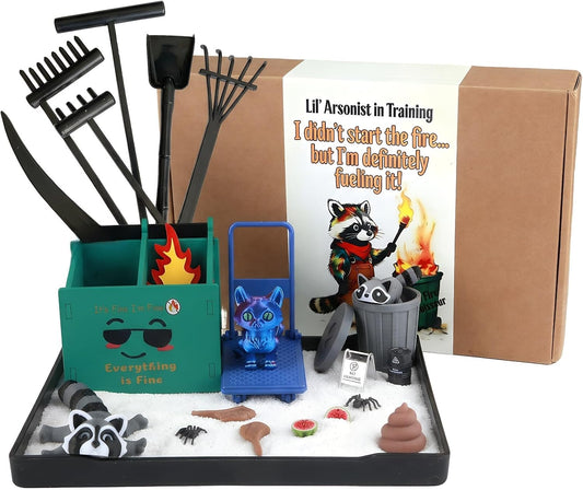 2026 New Dumpster Fire Zen Garden Desktop Kit with Raccoon Figurines - Funny Office Desk Accessory for Stress Relief, White Elephant Gifts, Coworker Gifts - Mini Sand Tray Therapy