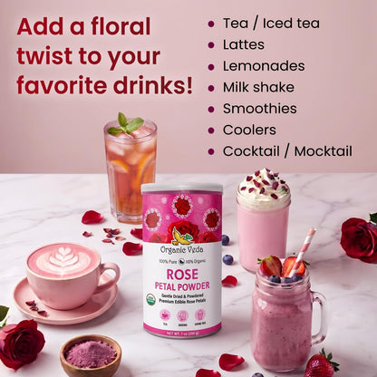 Organic Veda Rose Petals Powder - USDA Organic Edible Dried Rose Petals for Tea, Baking, Drink Mix, DIY Beauty Skin Care, Hair & Face Mask - 100% Pure Rose Powder for Culinary & Aromatherapy, 7 oz