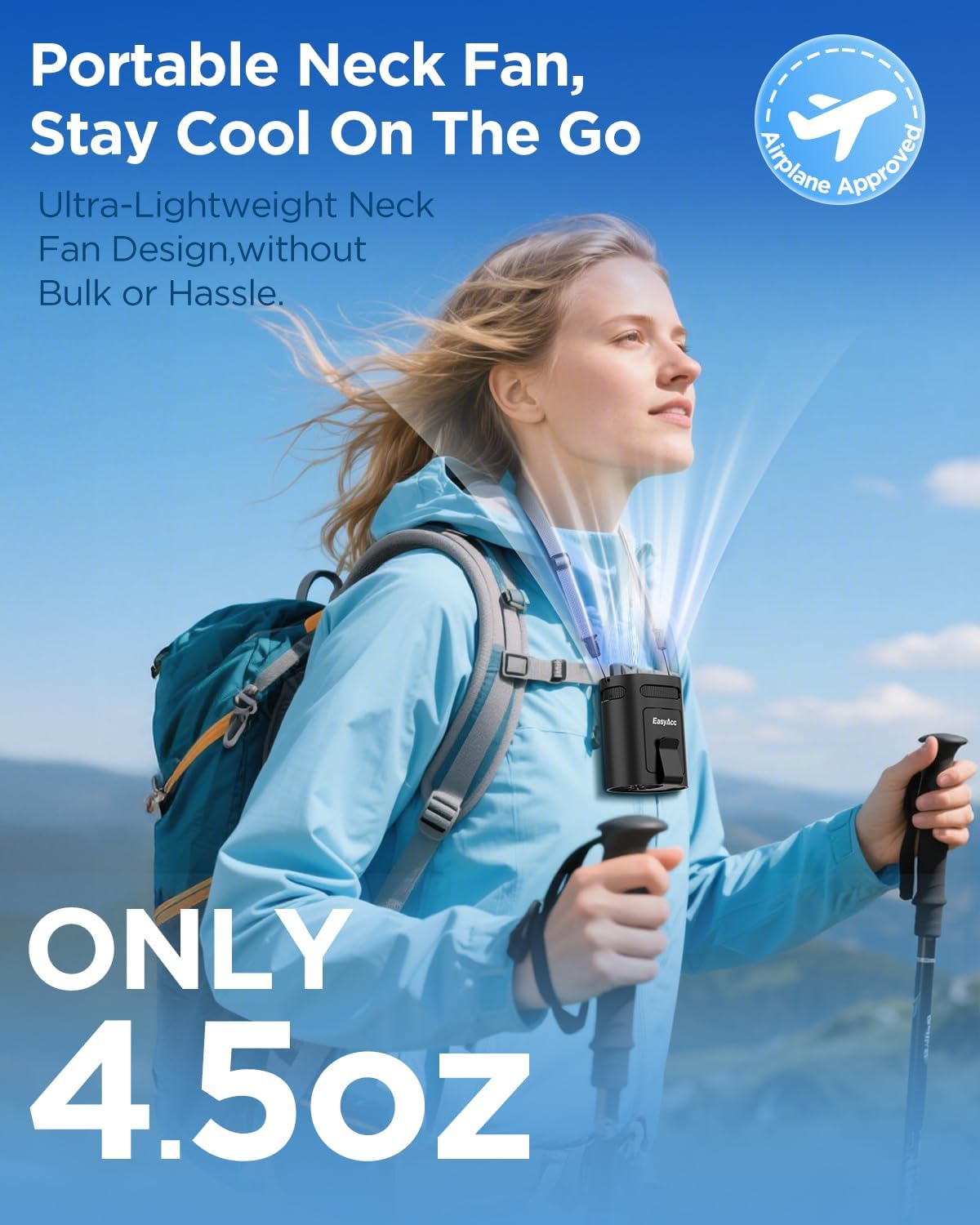 EasyAcc Portable Waist Fan, 4-in-1 Wearable Personal Fan with Dual Clip, Neck Fan & Desk Fan, 4 Speeds Powerful Turbo Airflow, Rechargeable USB-C Belt Fan for Outdoor Work, Camping, Travel