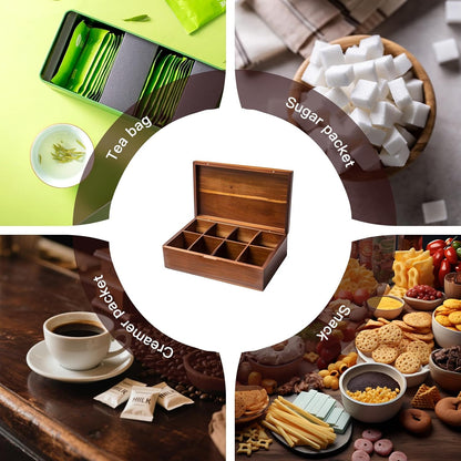Acacia Wooden Tea Bag Organizer with Magnetic Lid, 8 Compartments Wooden Tea Box Organizer,Tea Bags Storage Organizer for Tea Bags & Beverage Supplies.