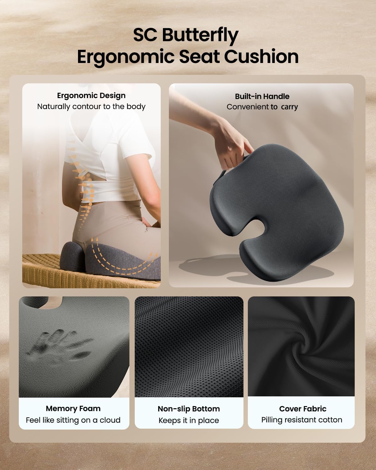 ProtoArc Seat Cushion, Office Chair Cushion for Sciatica, Coccyx Cushion, Ergonomic Memory Foam Seat Cushion for Car, Home, Pressure Relief Pad for Hip, Tailbone, All Day Comfort - Black