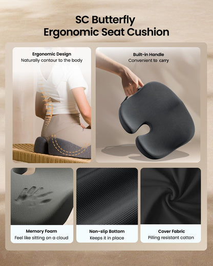 ProtoArc Seat Cushion, Office Chair Cushion for Sciatica, Coccyx Cushion, Ergonomic Memory Foam Seat Cushion for Car, Home, Pressure Relief Pad for Hip, Tailbone, All Day Comfort - Black