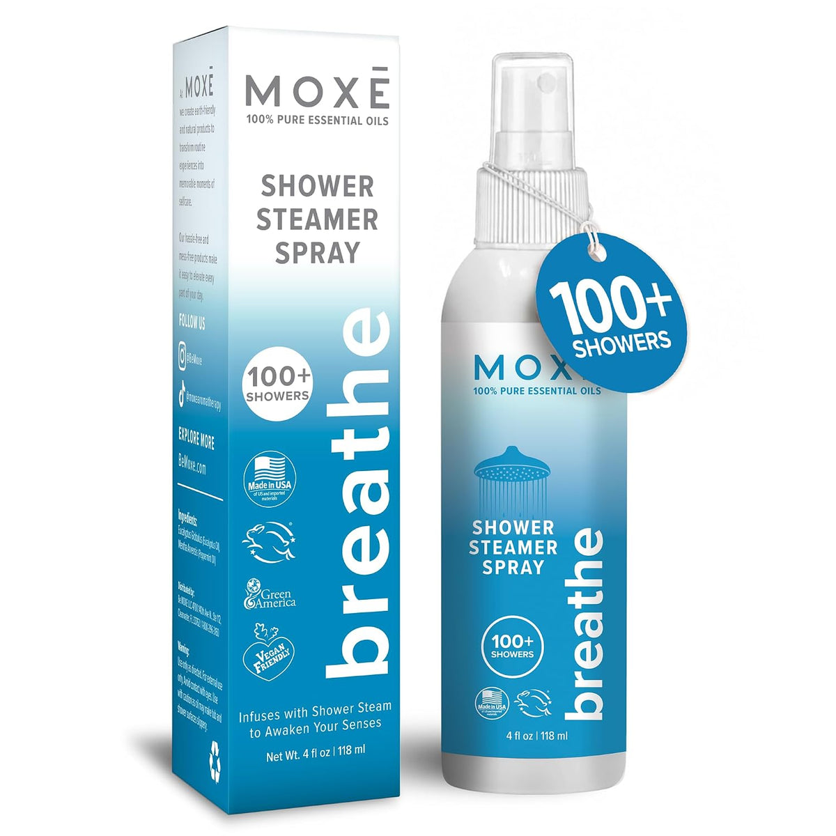 MOXĒ Eucalyptus Oil Shower Mist, Spa Steam Spray, Certified Natural 100% Essential Oils, Made in USA, Aromatherapy, Sinus Congestion Relief, Tension Relief, 4 Ounces