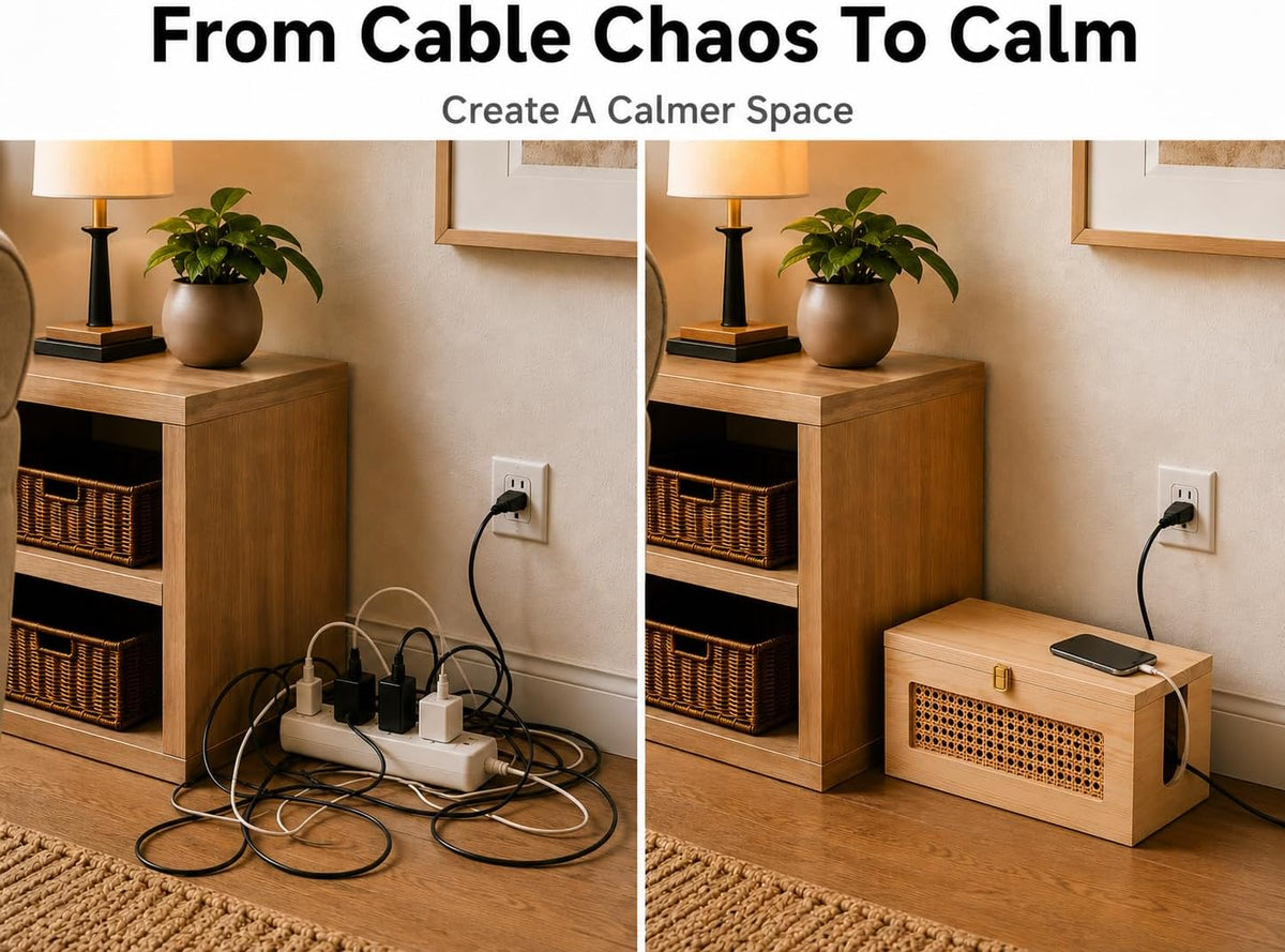 Wooden Cable Management Box - 15 x 6.5 x 6.3 in - Power Strip Organizer