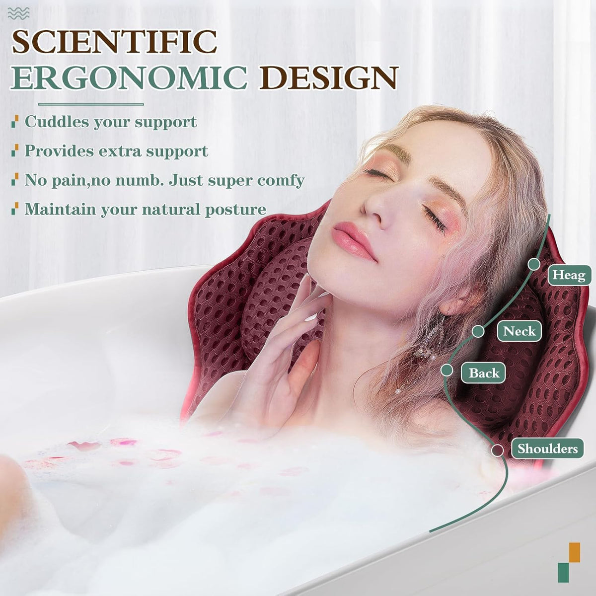 Bath Pillow RUVINCE Ergonomic Luxury Bathtub Pillow with Head,Neck, Shoulder and Back Support, 4D Bath Pillows for tub with 6 Powerful Suction Cups, Fits All Bathtub