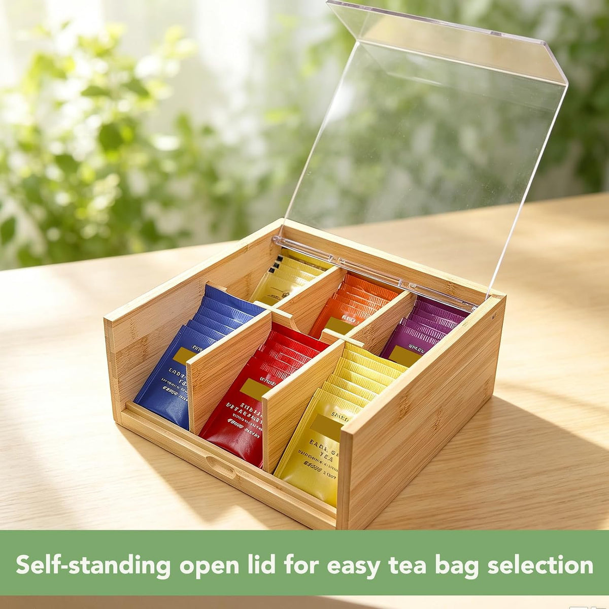 HTB Acacia Wood Tea Bag Organizer Storage Box with 6 Compartments