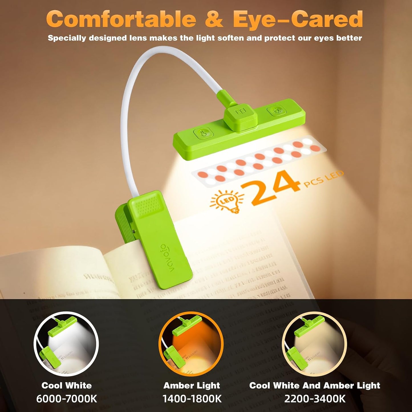VAVOFO 24 LEDs Rotatable Book Light, Rechargeable Clip Reading Lamp