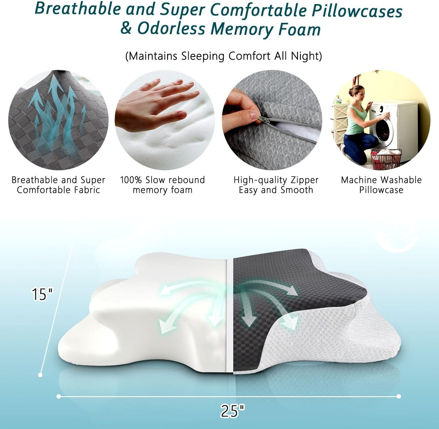 CHxxy Cervical Neck Pillow for Pain Relief Sleeping, Memory Foam Pillows, Ergonomic Side Sleeper Pillows, Cooling Orthopedic Neck Support Pillow for Back Stomach Sleepers-Queen Size Grey&Grey