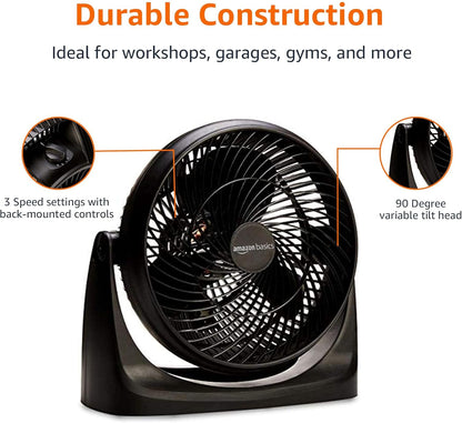 Amazon Basics Air Circulator Desk Fan for Bedroom, Home and Office, 90-Degree Tilt Head, 3 Speed Settings, Cooling, 35 Watts, Black, 11.1"W x 6.3"D x 10.9"H