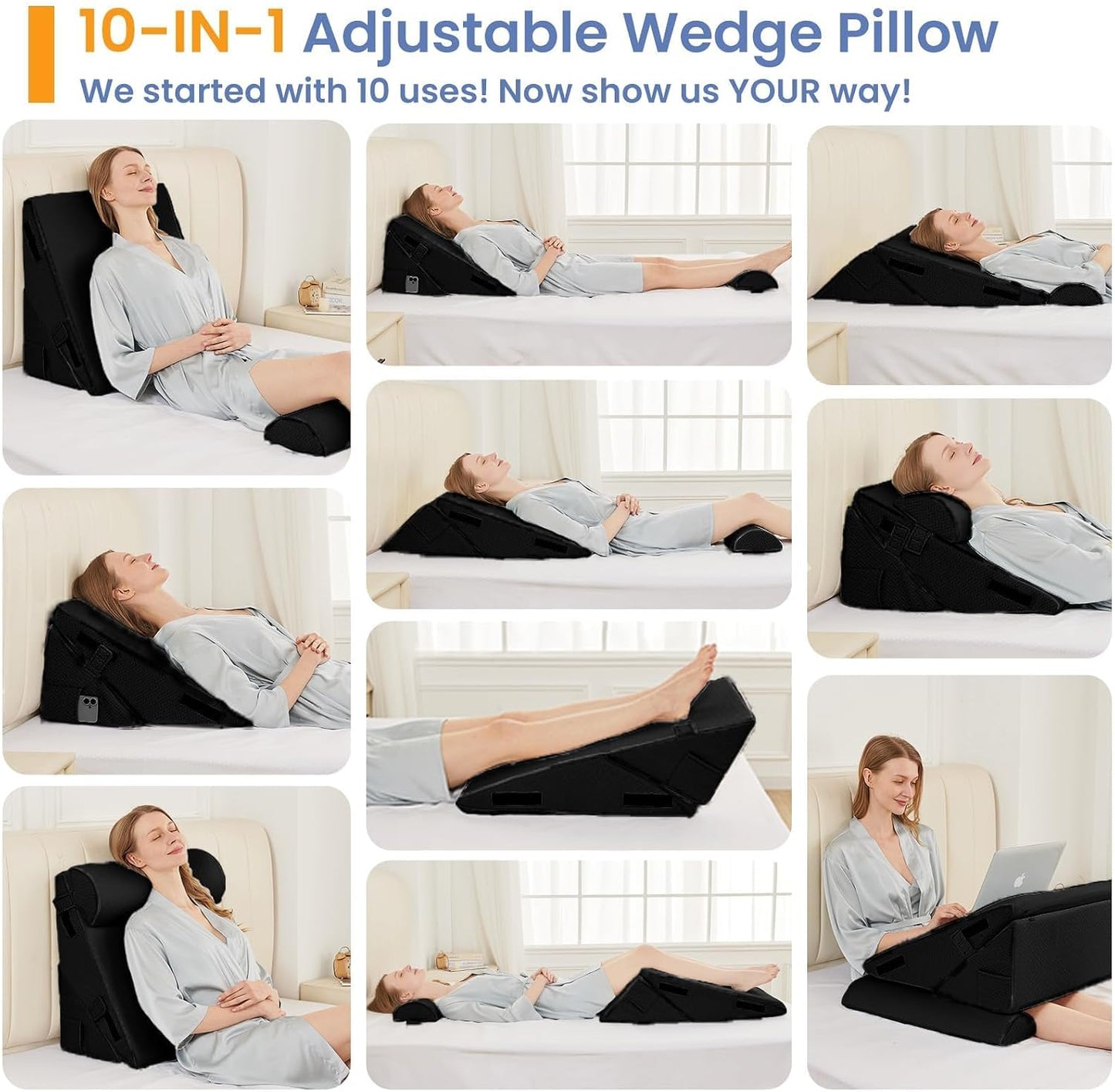 Sasttie Wedge Pillow Set for After Surgery, 2PCS Adjustable Bed Wedge Pillow Headboard with Memory Foam Neck Cushion – for Acid Reflux, Sleeping, Neck & Back Support, Dark Grey & White