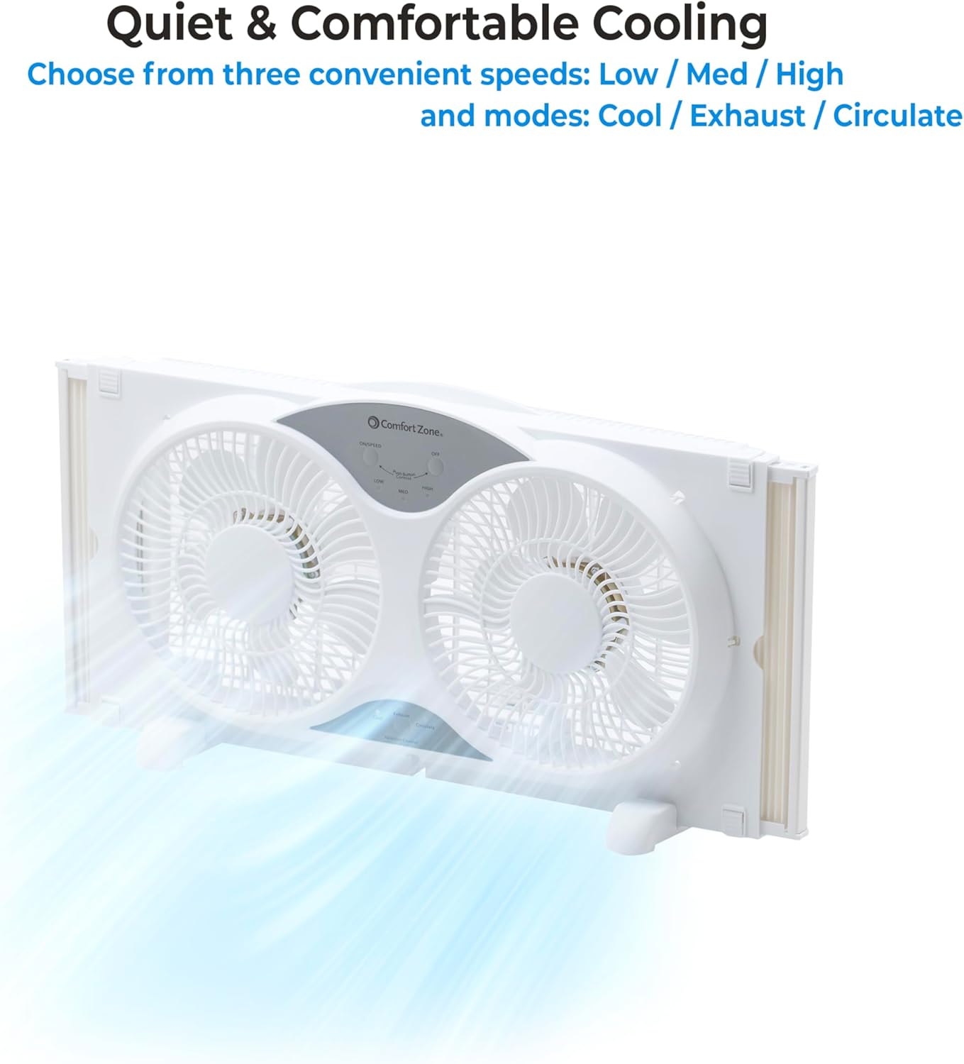 Comfort Zone Twin Window Fan with Reversible Airflow Control, 9 inch, Auto-Locking Expanders, 2 Speed Fan, Dual Fan, Exhaust, Airflow 9.84 ft/sec, Ideal for Home, Kitchen, Bedroom & Office, CZ319WT