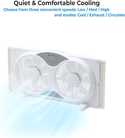 Comfort Zone Twin Window Fan with Reversible Airflow Control, 9 inch, Auto-Locking Expanders, 2 Speed Fan, Dual Fan, Exhaust, Airflow 9.84 ft/sec, Ideal for Home, Kitchen, Bedroom & Office, CZ319WT