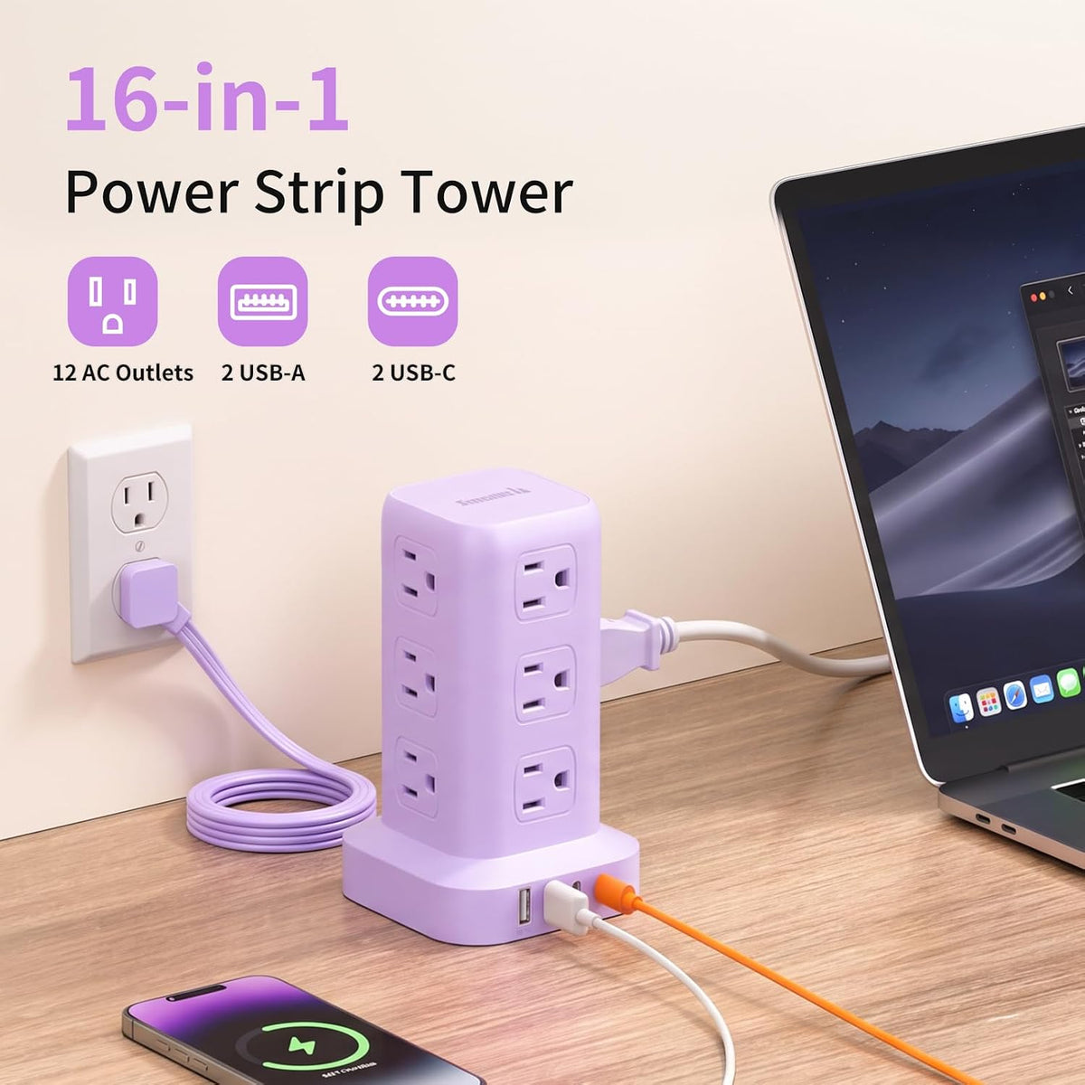 Extension Cord with Multiple Outlets, SMALLRT Power Strip Tower, Outlet Extender with 12 AC Outlets 4 USB, 6.5FT Extension Cord for Home Dorm Room, Office Supplies,Overload Protection