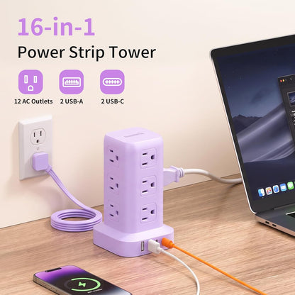 Extension Cord with Multiple Outlets, SMALLRT Power Strip Tower, Outlet Extender with 12 AC Outlets 4 USB, 6.5FT Extension Cord for Home Dorm Room, Office Supplies,Overload Protection