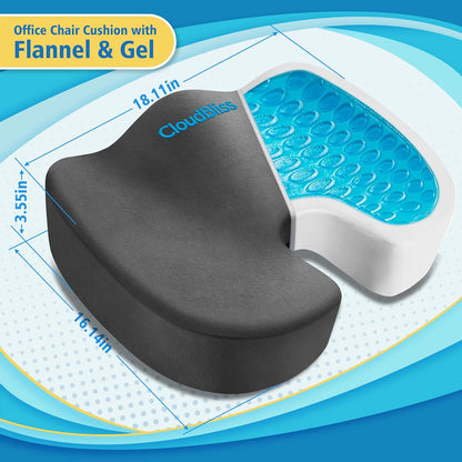 CloudBliss Gel Seat Cushion - Cooling Gel Enhanced Memory Foam Ergonomic Seat Cushion for Long Sitting for Office, Game, Car, Automotive, Airplane (Large, Black)