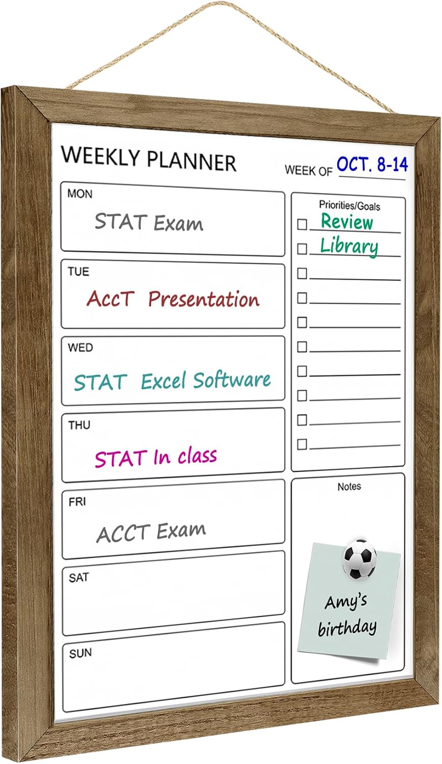 Dry Erase White Board Weekly Calendar Board, Magnetic Whiteboard for Wall,10.6“x14.7 Solid Wood Rustic Brown Framed Message Board, Planner Board for Office, Home, Schooll(Weekly-BB-RB-2737)