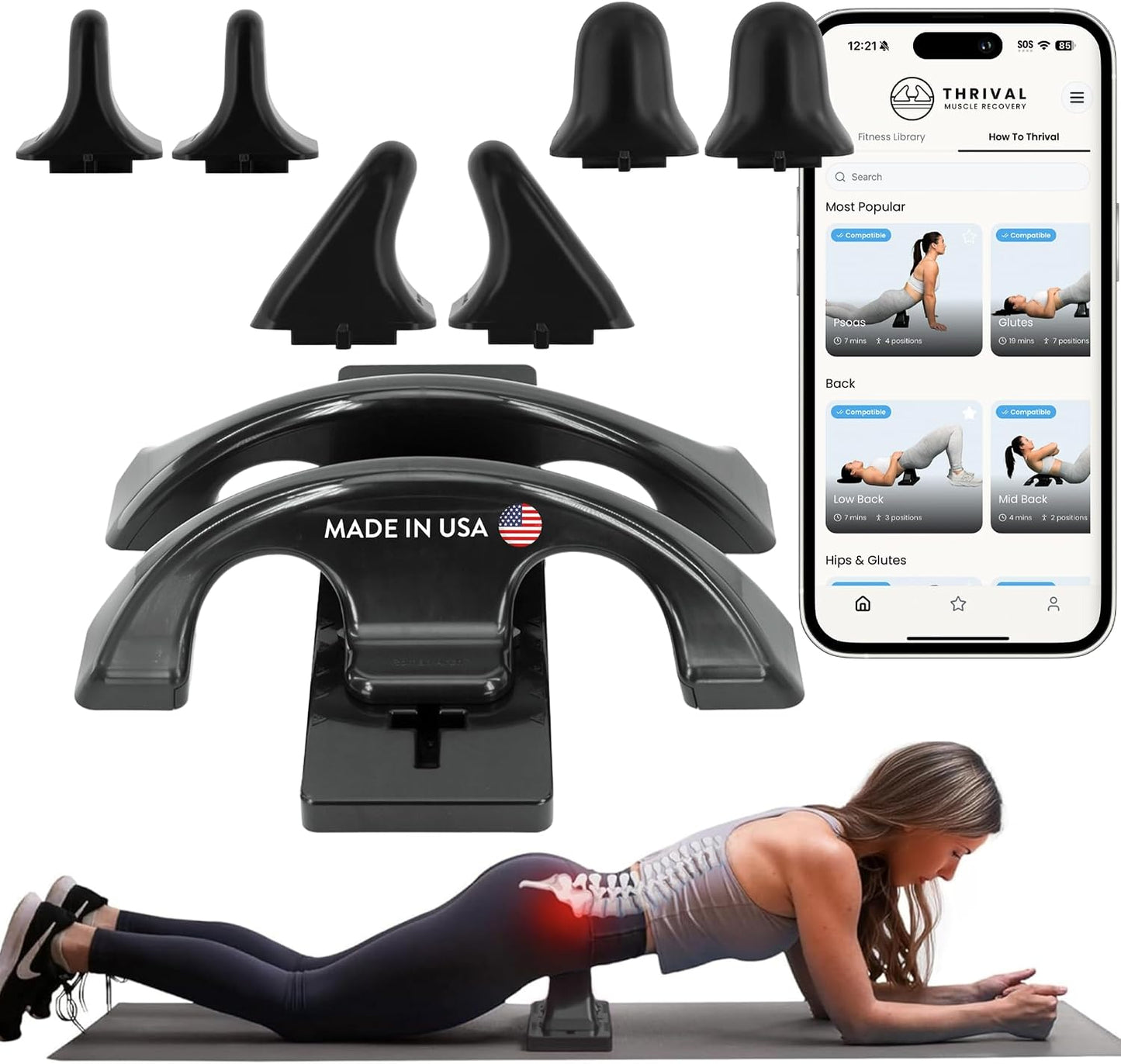 Thrival Arch Back Stretcher - Psoas Muscle Release Tool App for Hip Flexor, Back, Glute, Iliacus, and Neck - Spine Decompressor, Trigger Point, and Myofascial Release – Carbon Black