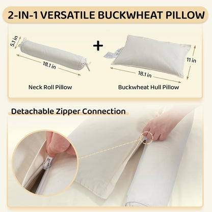LOFE® Buckwheat Pillow - 3 Point Support Buckwheat Hull Pillow for Less Pain, 2IN1 Tartary Buckwheat Neck Roll Pillow for Best Support, Adjustable Cervical Neck Pillow with Organic Cotton Pillowcase