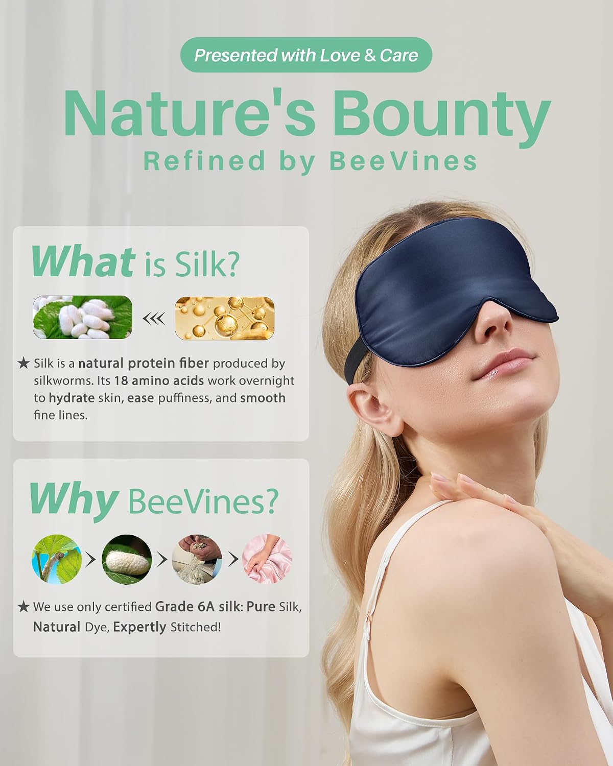 BeeVines 100% Real Mulberry Silk 2 Pack Sleep Mask, Natural Pure Silk Eye Masks with Adjustable Strap for Sleeping, Block Light Eye Sleep Shade Cover, Reduces Puffy Eyes Traveling Gifts