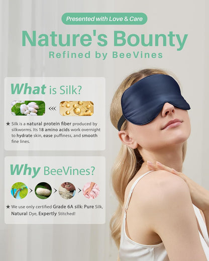 BeeVines 100% Real Mulberry Silk 2 Pack Sleep Mask, Natural Pure Silk Eye Masks with Adjustable Strap for Sleeping, Block Light Eye Sleep Shade Cover, Reduces Puffy Eyes Traveling Gifts