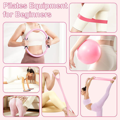 Hoedia Pilates Kit for Women, Pilates Equipment Ring and Ball Set with Resistance Bands, Yoga Strap, Core Sliders, Socks, Bag & Guide for Starter Home Workout Fitness Gym Essentials